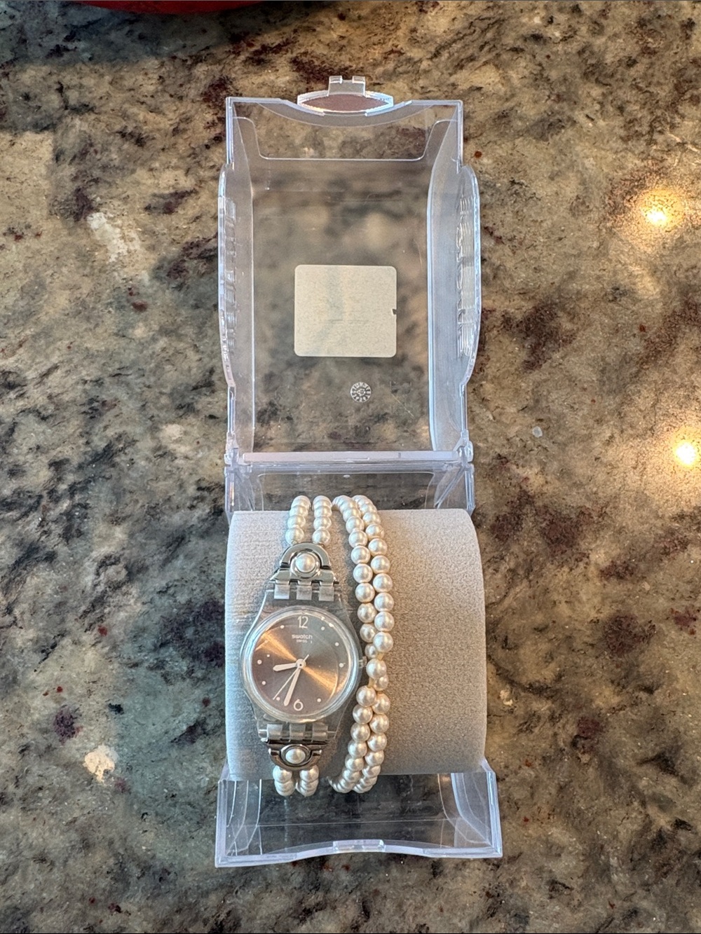 Swatch Silver Watch with Pearl Beaded Wrap Bracelet